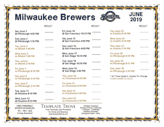 June 2019 Milwaukee Brewers Printable Schedule