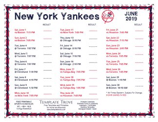 June 2019 New York Yankees Printable Schedule