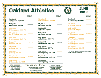 June 2019 Oakland Athletics Printable Schedule