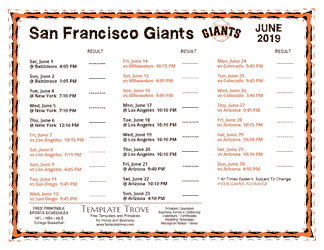 June 2019 San Francisco Giants Printable Schedule
