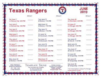 June 2019 Texas Rangers Printable Schedule