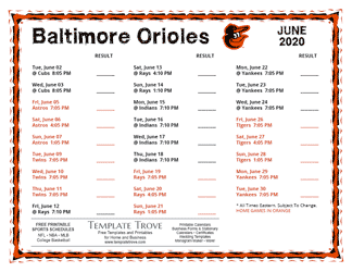 June 2020 Baltimore Orioles Printable Schedule