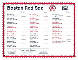 June 2020 Boston Red Sox Printable Schedule