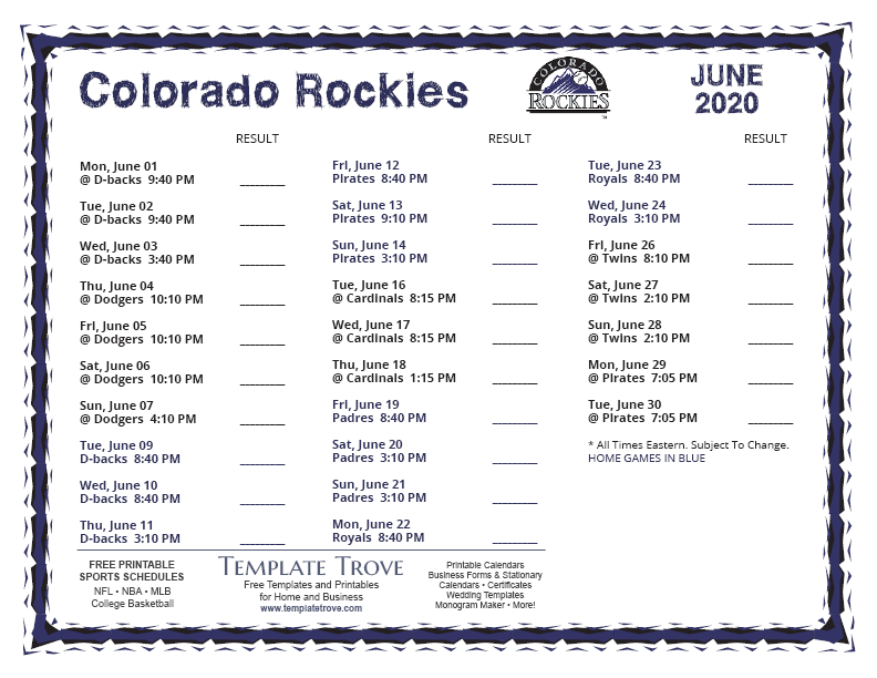5 - 2020 Preliminary Schedules Colorado Rockies pocket schedule