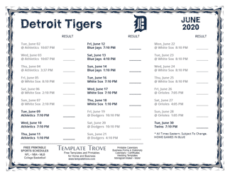 June 2020 Detroit Tigers Printable Schedule