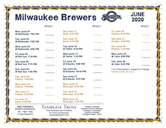 June 2020 Milwaukee Brewers Printable Schedule
