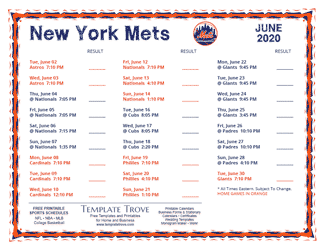 June 2020 New York Mets Printable Schedule