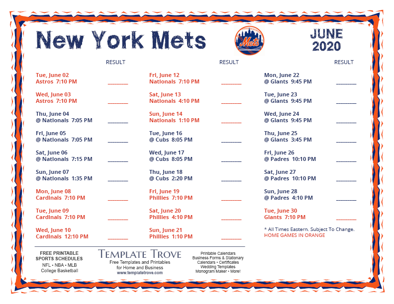 Printable 2020 New York Mets Schedule