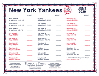 June 2020 New York Yankees Printable Schedule