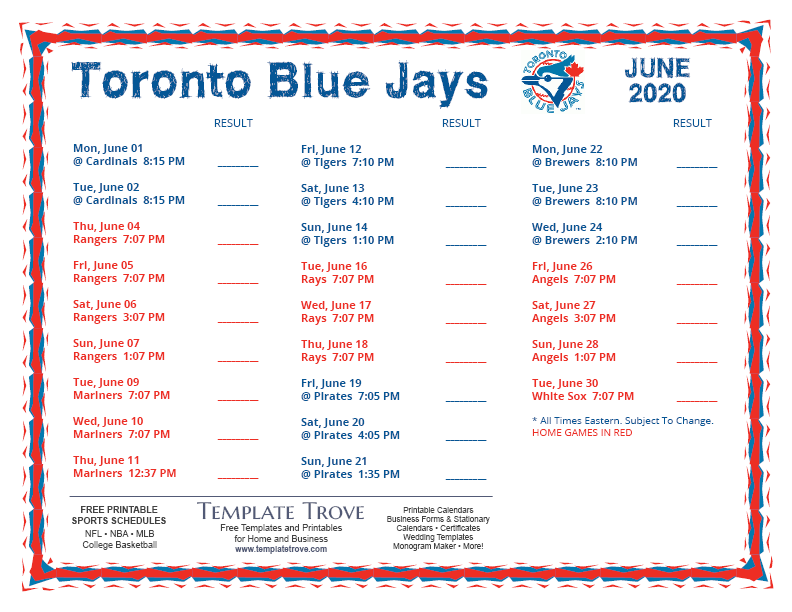 Printable 2020 Toronto Blue Jays Schedule