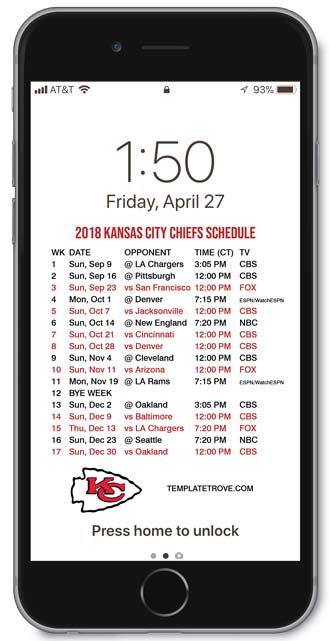 2018 Kansas City Chiefs Lock Screen Schedule