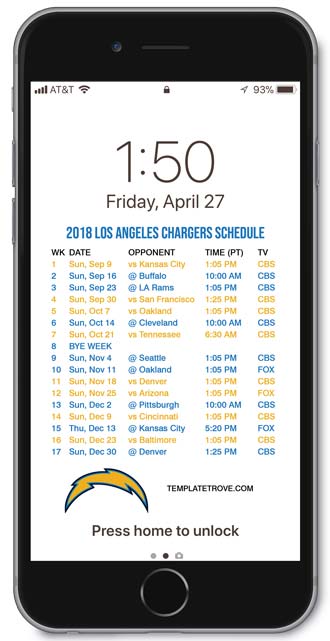 2018 Los Angeles Chargers Lock Screen Schedule