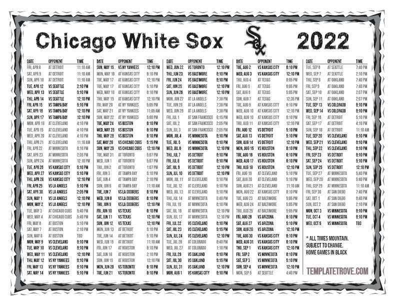 Printable 2022 Chicago White Sox Schedule