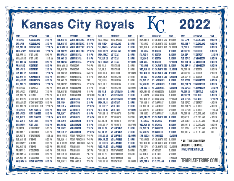 MT 2022 Kansas City Royals Printable Schedule PNG 