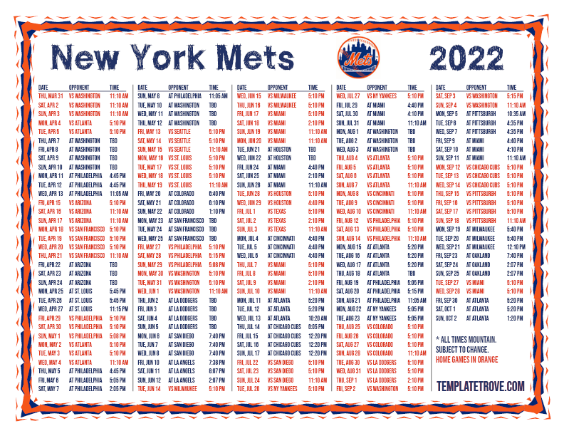Printable 2022 New York Mets Schedule