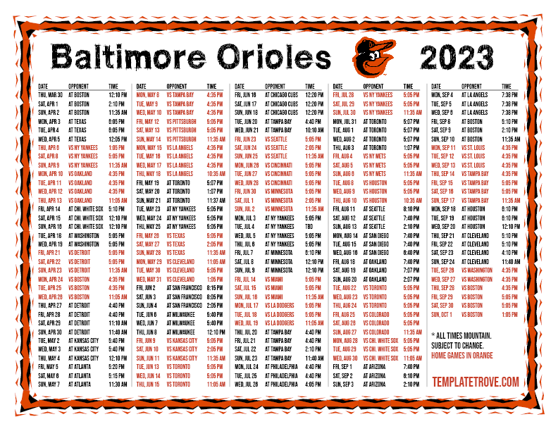 Printable 2023 Baltimore Orioles Schedule