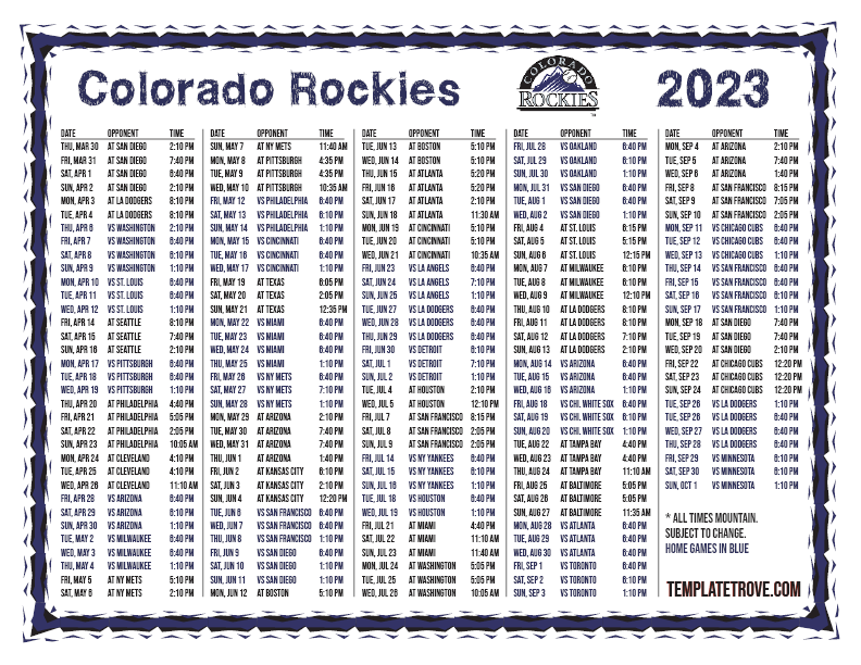 Printable 2023 Colorado Rockies Schedule
