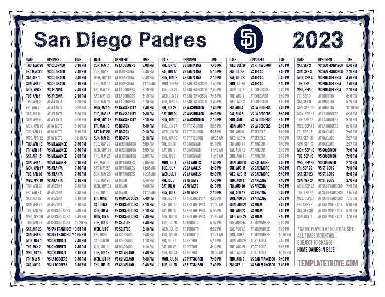 MT 2023 San Diego Padres Printable Schedule PNG 