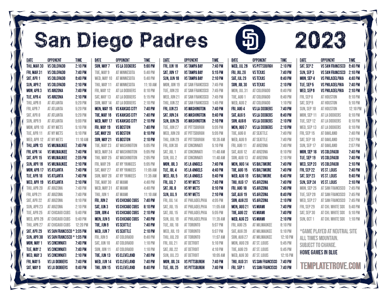 Printable 2023 San Diego Padres Schedule