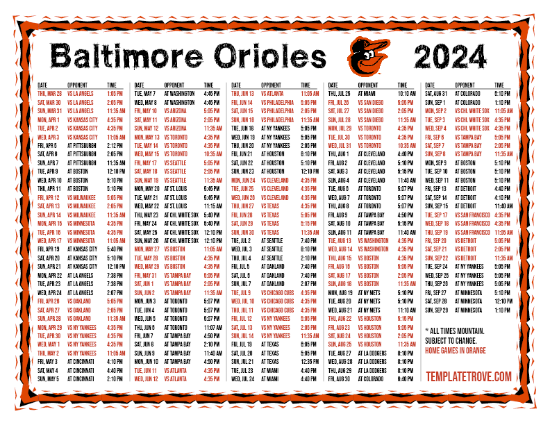 Printable 2024 Baltimore Orioles Schedule