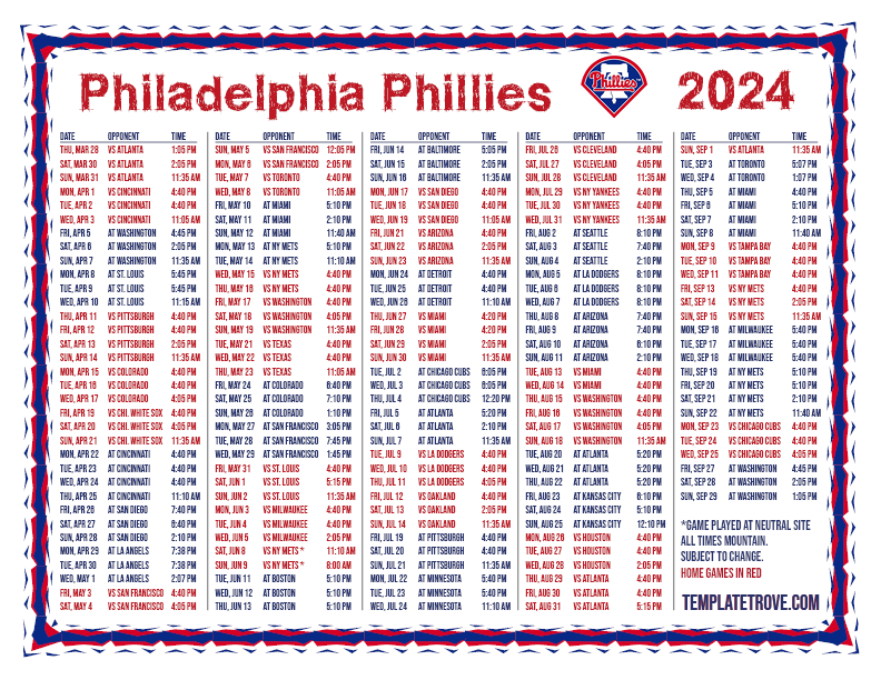 Philadelphia Phillies 2024 Schedule Printable Joya Rubina