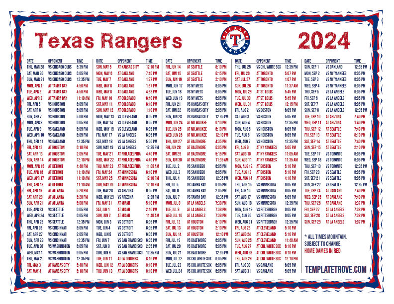 Printable 2024 Texas Rangers Schedule