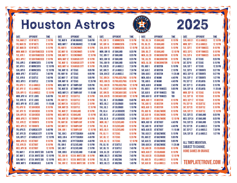 Printable 2025 Houston Astros Schedule