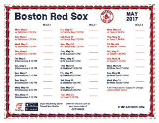 May 2017 Boston Red Sox Printable Schedule