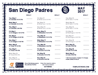May 2017 San Diego Padres Printable Schedule