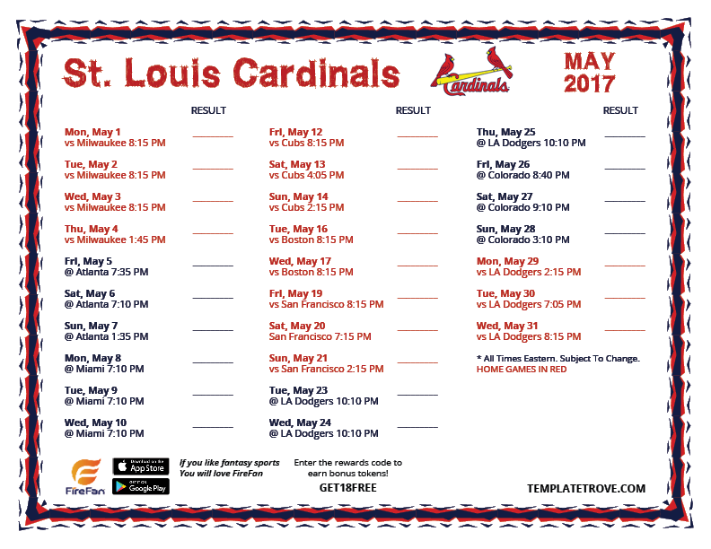 Printable 2017 St. Louis Cardinals Schedule