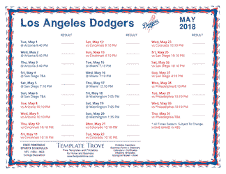 May 2018 Los Angeles Dodgers Printable Schedule