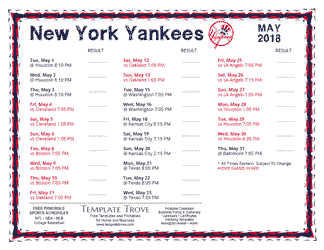 May 2018 New York Yankees Printable Schedule