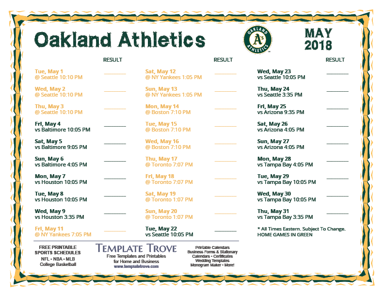 Printable 2018 Oakland Athletics Schedule