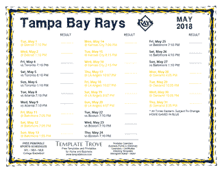May 2018 Tampa Bay Rays Printable Schedule