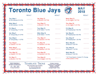 May 2018 Toronto Blue Jays Printable Schedule
