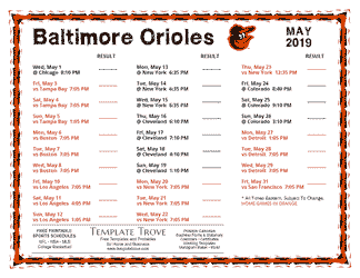 May 2019 Baltimore Orioles Printable Schedule
