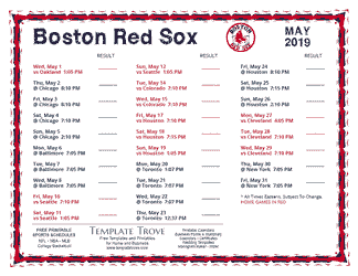 May 2019 Boston Red Sox Printable Schedule