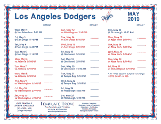 May 2019 Los Angeles Dodgers Printable Schedule