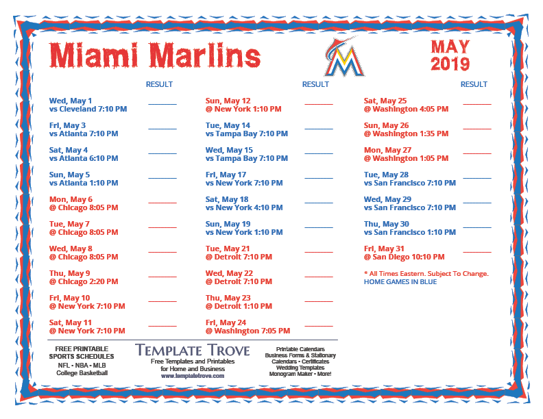Miami Marlins Schedule 2022 Printable 2019 Miami Marlins Schedule