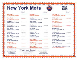 May 2019 New York Mets Printable Schedule