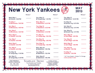 May 2019 New York Yankees Printable Schedule