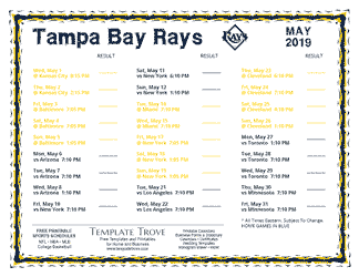 May 2019 Tampa Bay Rays Printable Schedule