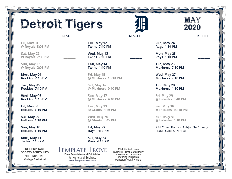 Printable 2020 Detroit Tigers Schedule