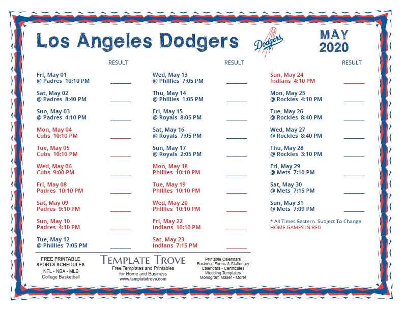 Printable 2020 Los Angeles Dodgers Schedule