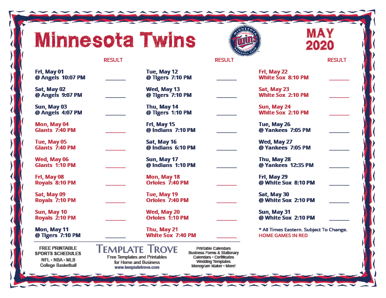 Mn Twins 2022 Schedule Printable 2020 Minnesota Twins Schedule