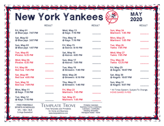 May 2020 New York Yankees Printable Schedule