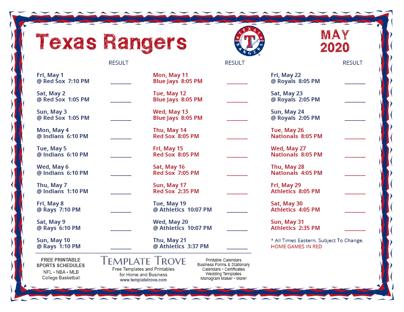 Printable 2020 Texas Rangers Schedule