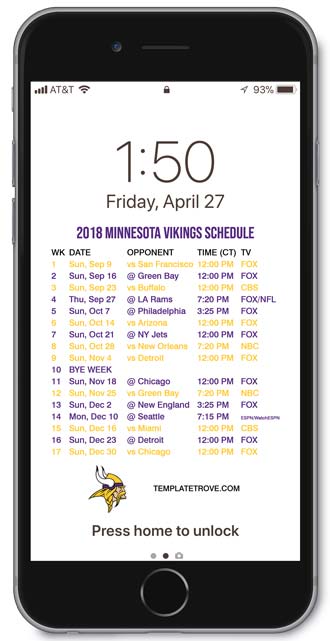 2018 Minnesota Vikings Lock Screen Schedule