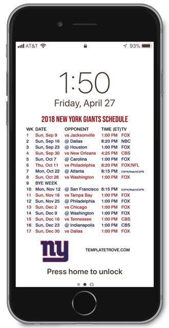 2018 New York Giants Lock Screen Schedule