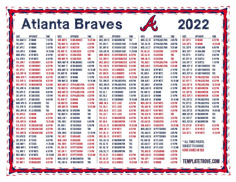 Printable 2022 Atlanta Braves Schedule
